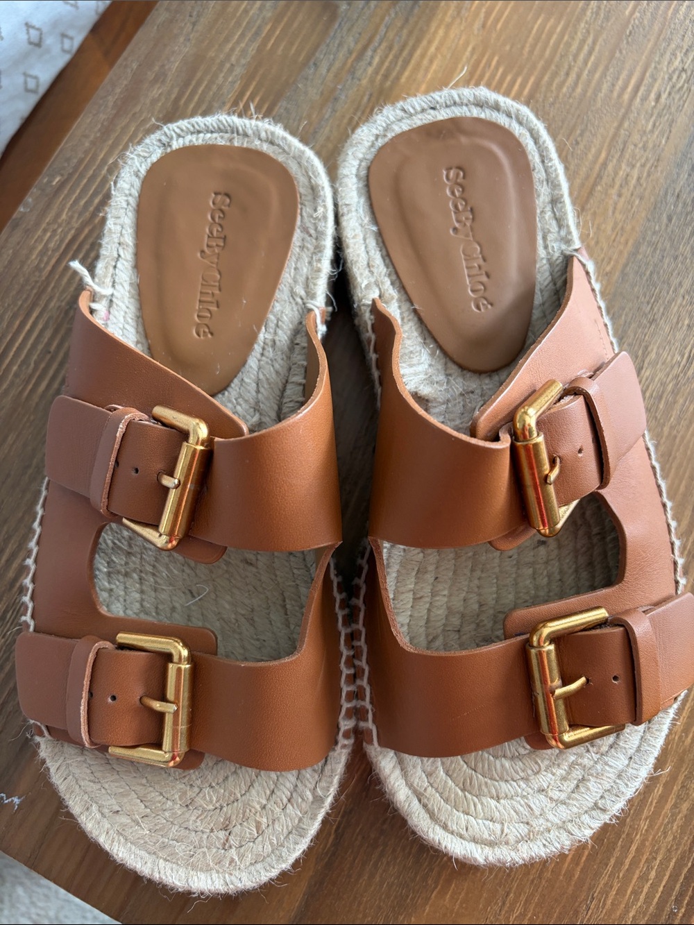 See By Chloe Tan Double-Buckle Slide Sandals with Gold Buckles